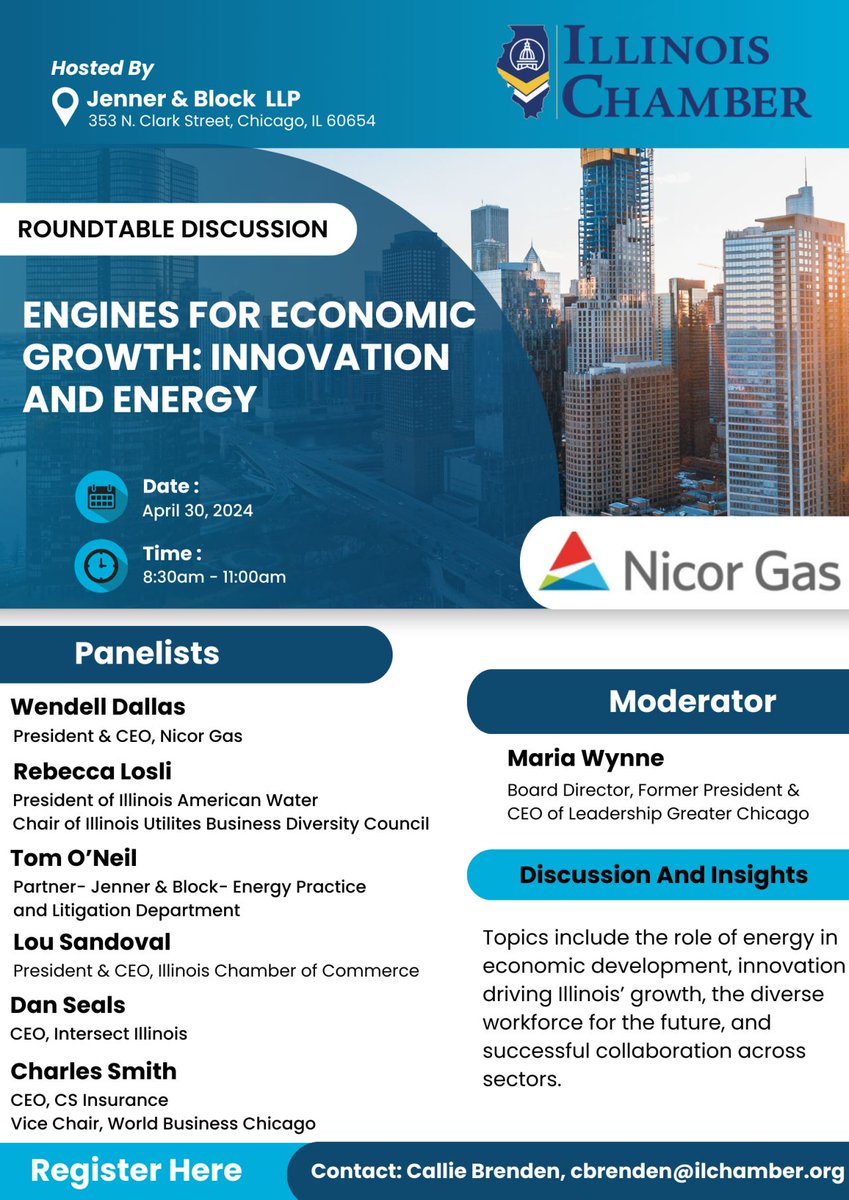 Don't miss the Illinois Chamber of Commerce's roundtable discussion 4/30, exploring how energy drives #economicdevelopment. Panelists include our CEO, Dan Seals, and partners, including Intersect board companies @ilamwater & @Nicor_Gas. Register here: ow.ly/ghFt50Rk8t9