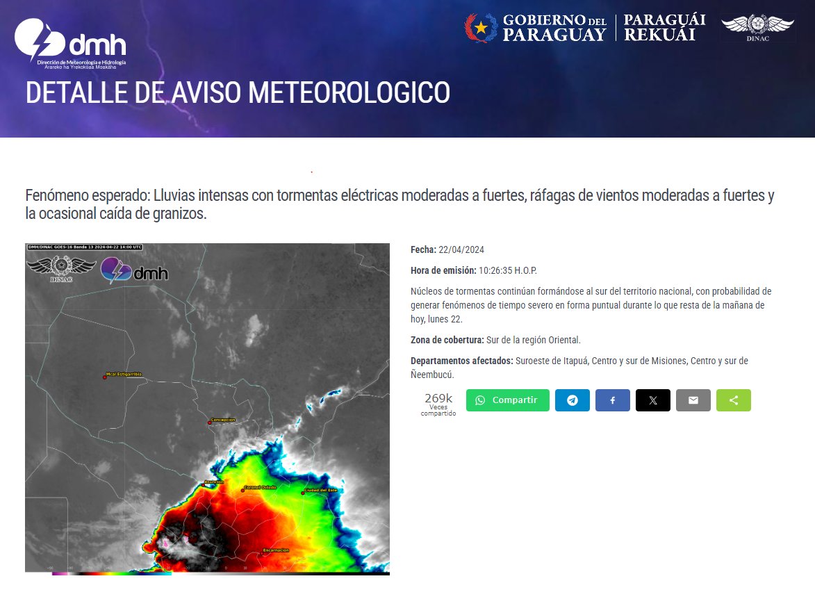 Aviso Meteorológico N° 564/2024 Emitido. Enlace: meteorologia.gov.py/avisos/ Fecha: 22/04/2024 Hora: 10:24 h.