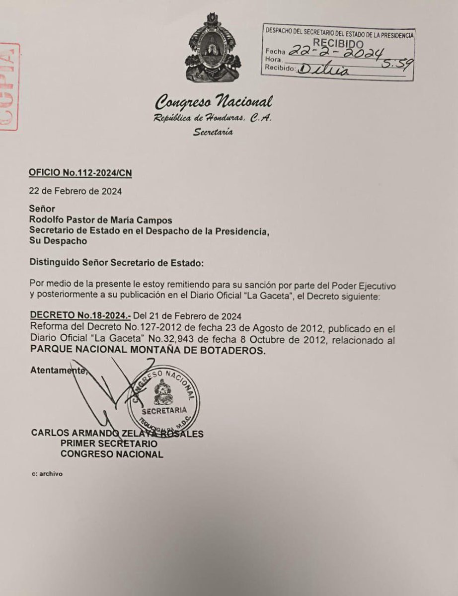 1/4. El 22 de febrero de este año, el Congreso Nacional, mediante oficio núm. 112-2024, remitió el Decreto núm. 18-2024 al Poder Ejecutivo para su sanción, pues de acuerdo con el art. 215 constitucional debe pasarse al Ejecutivo a más tardar dentro de 3 días de haber sido votado.