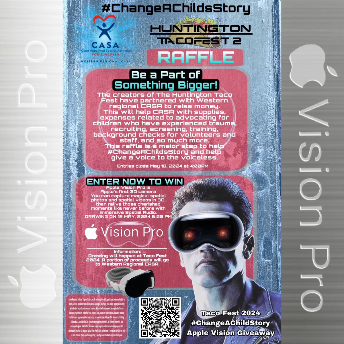 Scan the QR code ! Enter to win a pair of Apple Vision Pro googles !! #HuntingtonWV 
#ChangeAChildsStory 
#TacoFest
#HuntingtonTacoFest