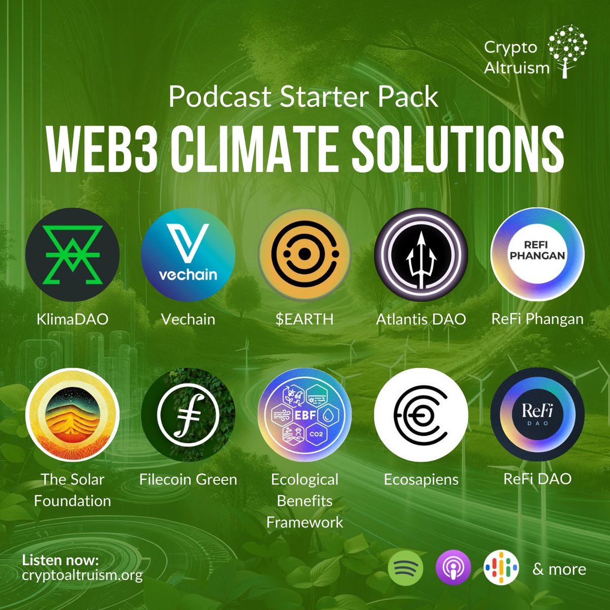 In celebration of #EarthDay2024, we've put together a special podcast starter pack highlighting 10 projects leveraging Web3 to advance climate solutions around the world! 🌳🌍 🔗cryptoaltruism.org/blog/crypto-al… Featuring: 🌱 @KlimaDAO 🌱 @vechainofficial 🌱 @solarpunkdao 🌱…