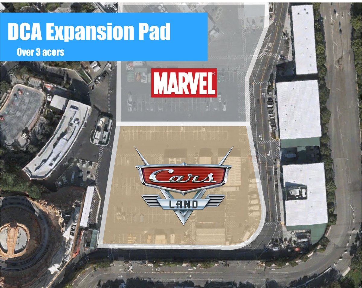 This is how the future of DCA's expansion pad could play out. The planned Avenger's E-ticket to the top of the pad and a Cars experience towards the bottom of the pad. 
#CaliforniaAdventure #DCA #Disneyland #Disneylandforward