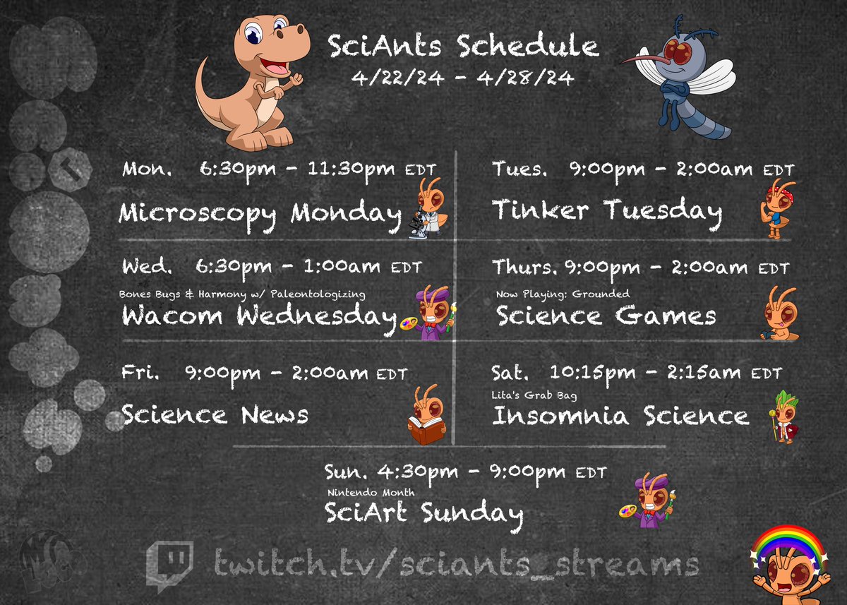 #SciAnts stream schedule for week is live! #science and #art fun for our amazing community. Week of 4/22/24. Hope to see you there! #scicomm #stem #twitchstreaming #twitchpartner #twitch #twitchstreamer #live #livestream #TwitchStreamers #twitchtv twitch.tv/sciants_streams