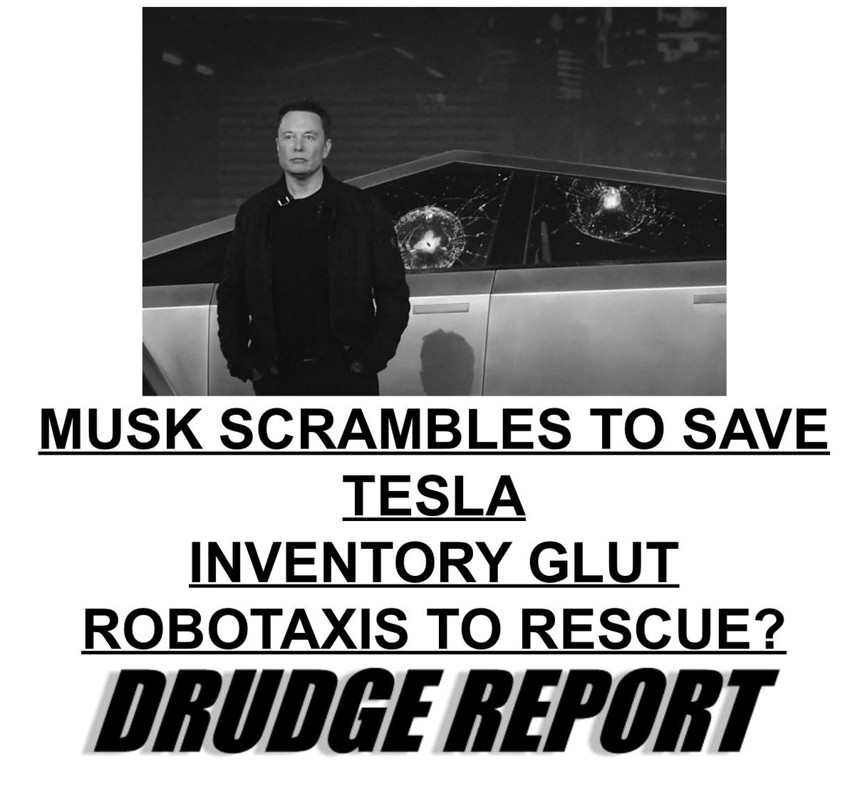 Ha! The headliner on Drudgereport this morning. What a loser company.   $TSLA