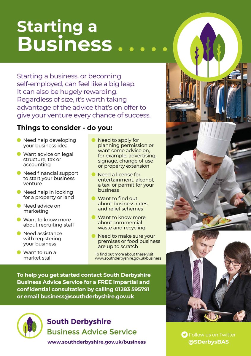 #SouthDerbyshire Business Advice Service - provides advice for anyone thinking of becoming #selfemployed. The Service can also help anyone starting in business to apply for #grants or loans that they are eligible for.  Book to meet our adviser; business@southderbyshire.gov.uk
