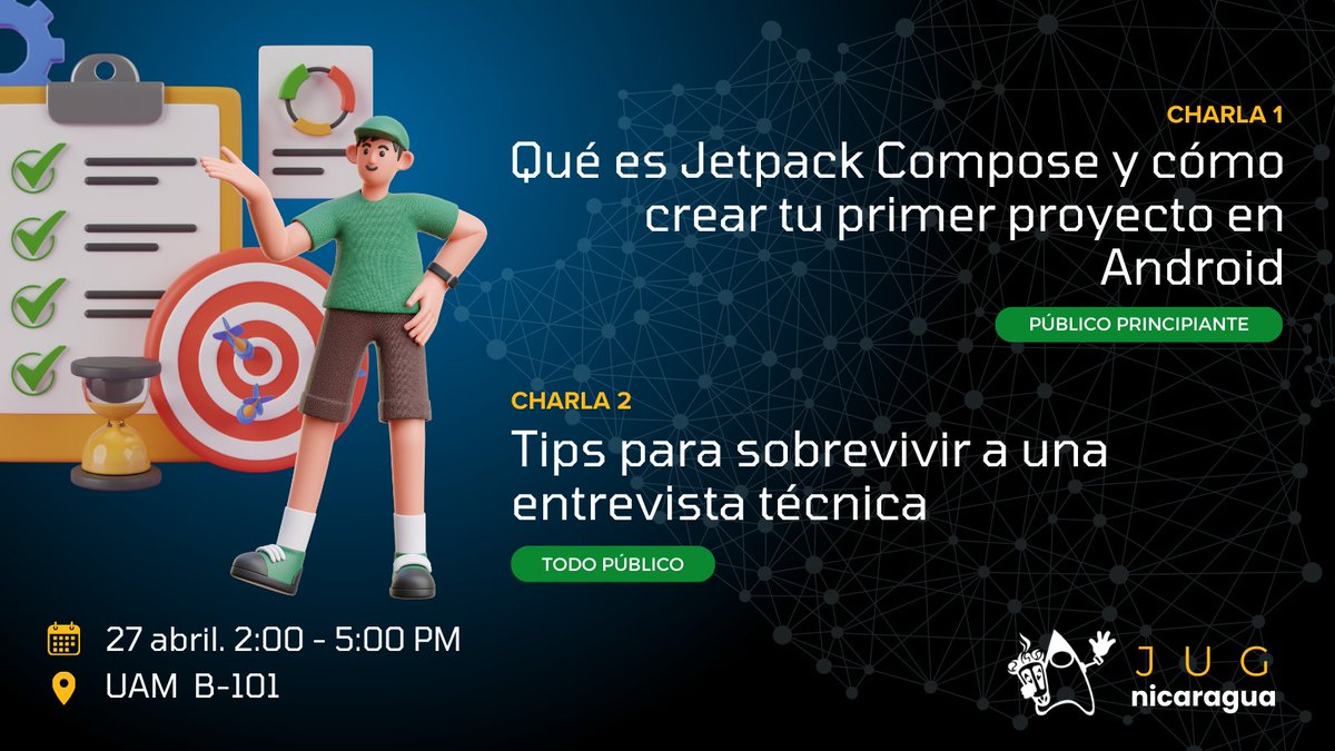 jugnicaragua's tweet image. Buen dia a todos, este Sabado 27 en la UAM, en esta ocasión tenemos mobile y una sesión interactiva para los que buscan trabajo. Tiempo de conocimiento, de pizza, departir y networking, los esperamos.
#jugEvents #javaComunidad #java #javalatamcommunity #java #jugnicaragua