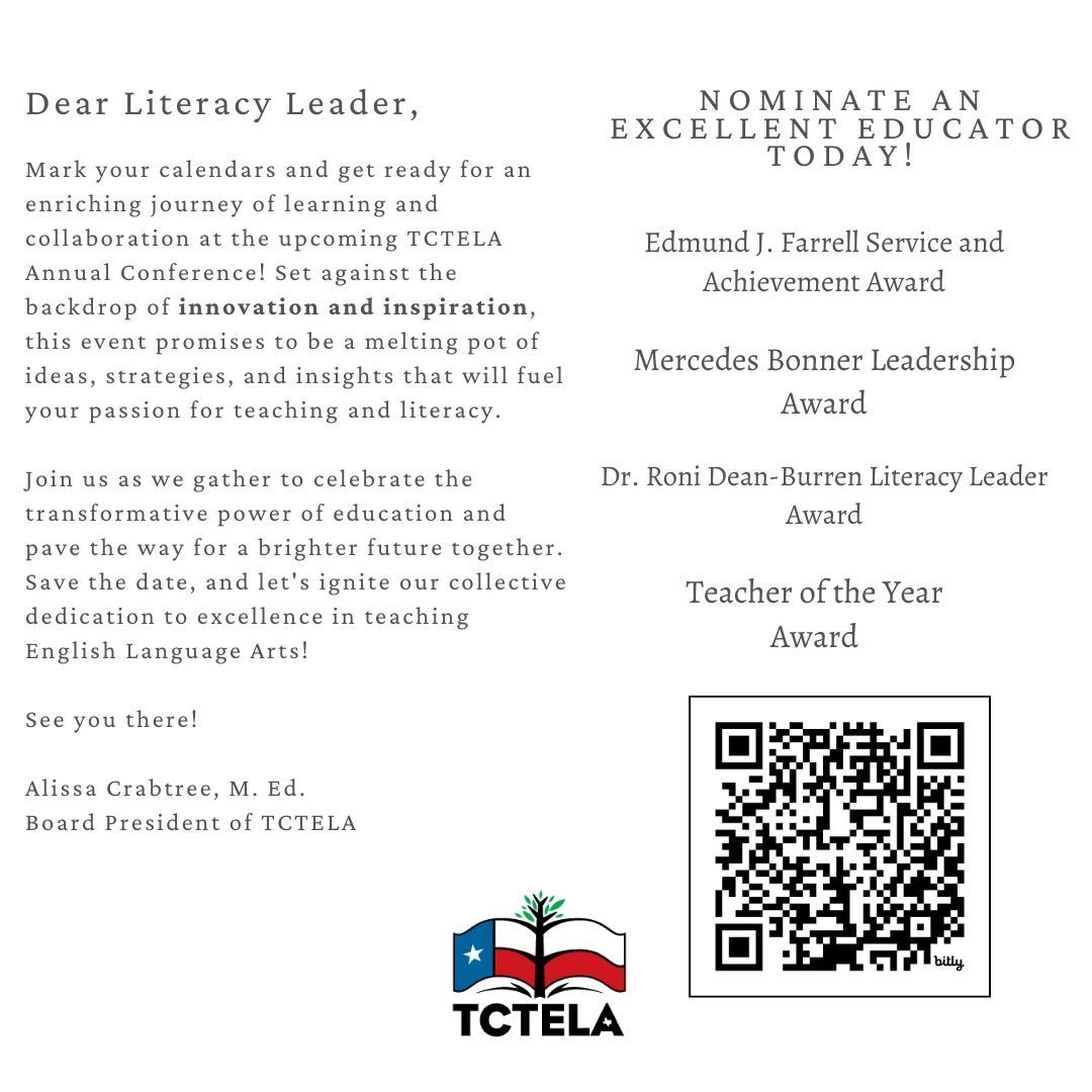 alissa_crabtree's tweet image. Save the Date!

The 60th Texas Council of Teachers of ELA will be held on February 7-9 in #Galveston, Texas!

The @tctela conference is an amazing way to network, fill your cup, and grow your literacy superpowers.

#TCTELA #literacy #texasteachers #englishteacher #readingteacher