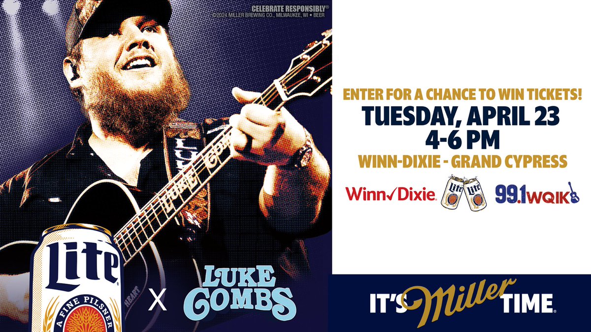 99.1 WQIK wants to hook you up with the chance to win a pair of tickets to see Luke Combs! Tuesday April 23rd at Winn-Dixie at Grand Cypress - 100 Little Cypress Drive, Saint Johns, FL 32259 - from 4p-6p for your chance to win! Sponsored by Miller Lite. Celebrate responsibly.