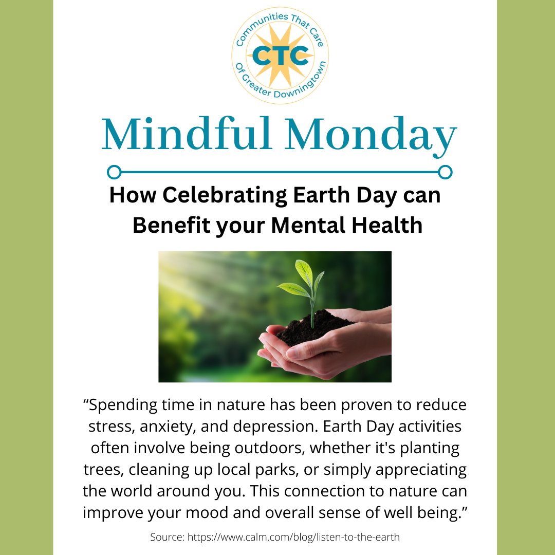 DtownCTC's tweet photo. Happy Earth Day! Our friends at @calm put together a whole blog post detailing why celebrating Earth Day can benefit mother nature and your mental health. Be sure to check it out here: https://t.co/oWd2PRJaXm #MindfulMonday #MentalHealthMatters #DowningtownCTC https://t.co/YX6NJIBK5Q