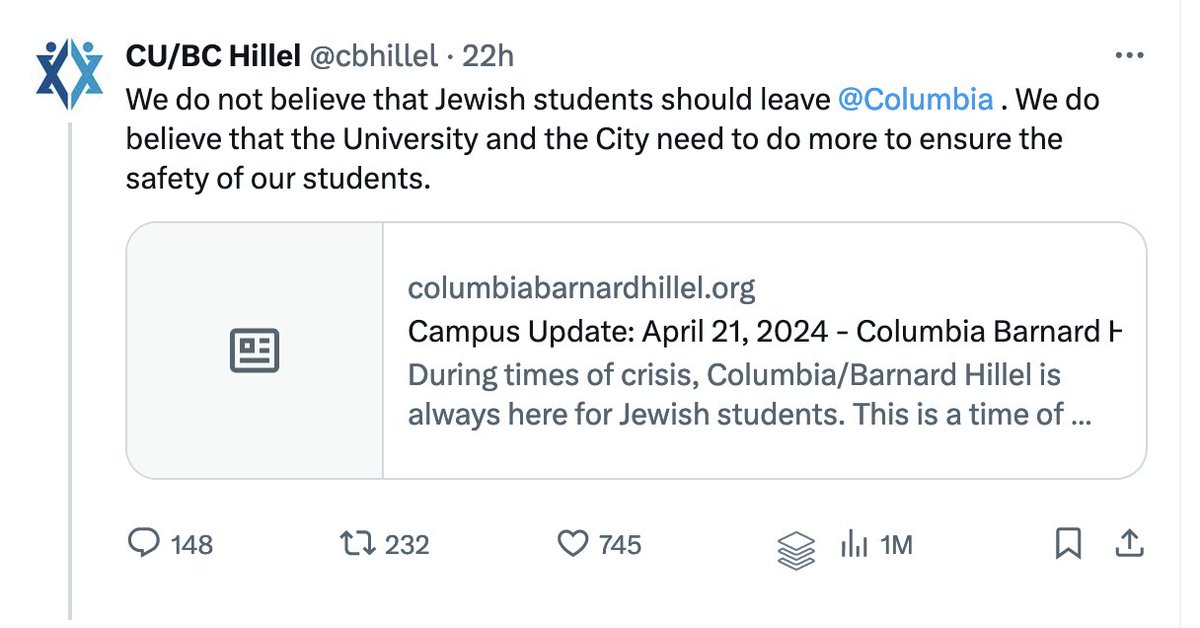 @ahylton26 @NBCNews I am also concerned by reports that don't show the diversity of Jewish voices on campus. Yes, an Orthodox rabbi urged students to leave campus. But the Columbia/Barnard Hillel said the opposite. You can't report one without the other.