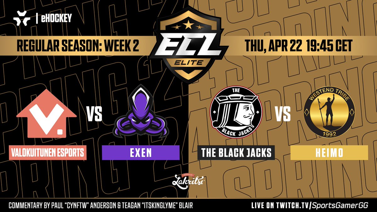 The #ECL24Spring Elite Broadcasts continue tonight at 19:45 CEST with two great battles - be sure to join in! 📺 twitch.tv/sportsgamergg Valokuitunen Esports vs @ExenEsports @BlackJacksEASHL vs @HeimoEsports 🎙️@CynFtWProd & @ItsKingLyme #eHockey #NHL24 #esports…