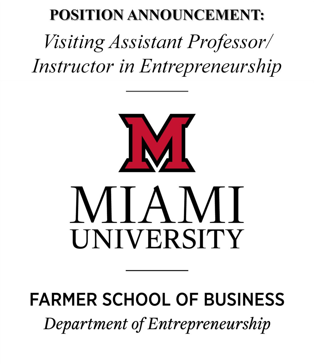 WE'RE HIRING! @MiamiU_ENT in @FarmerSchoolofBusiness at @MiamiUniversity invites applications for a full-time Visiting Assistant Professor/Instructor in Entrepreneurship. Submit application here: jobs.miamioh.edu/cw/en-us/job/5…. #LoveandHonor #BeyondReady @StartupCincy @MiamiAlum