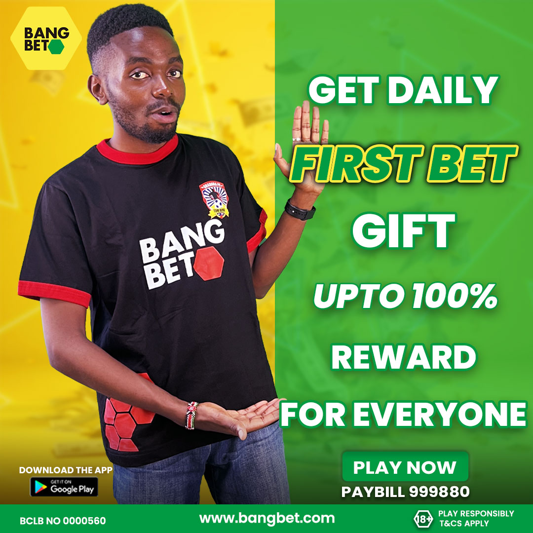 Create your first account with Bangbet and you get a daily first bet gift of upto 100pc reward It's simple just visit bangbet.com asap Sote ni washindi
