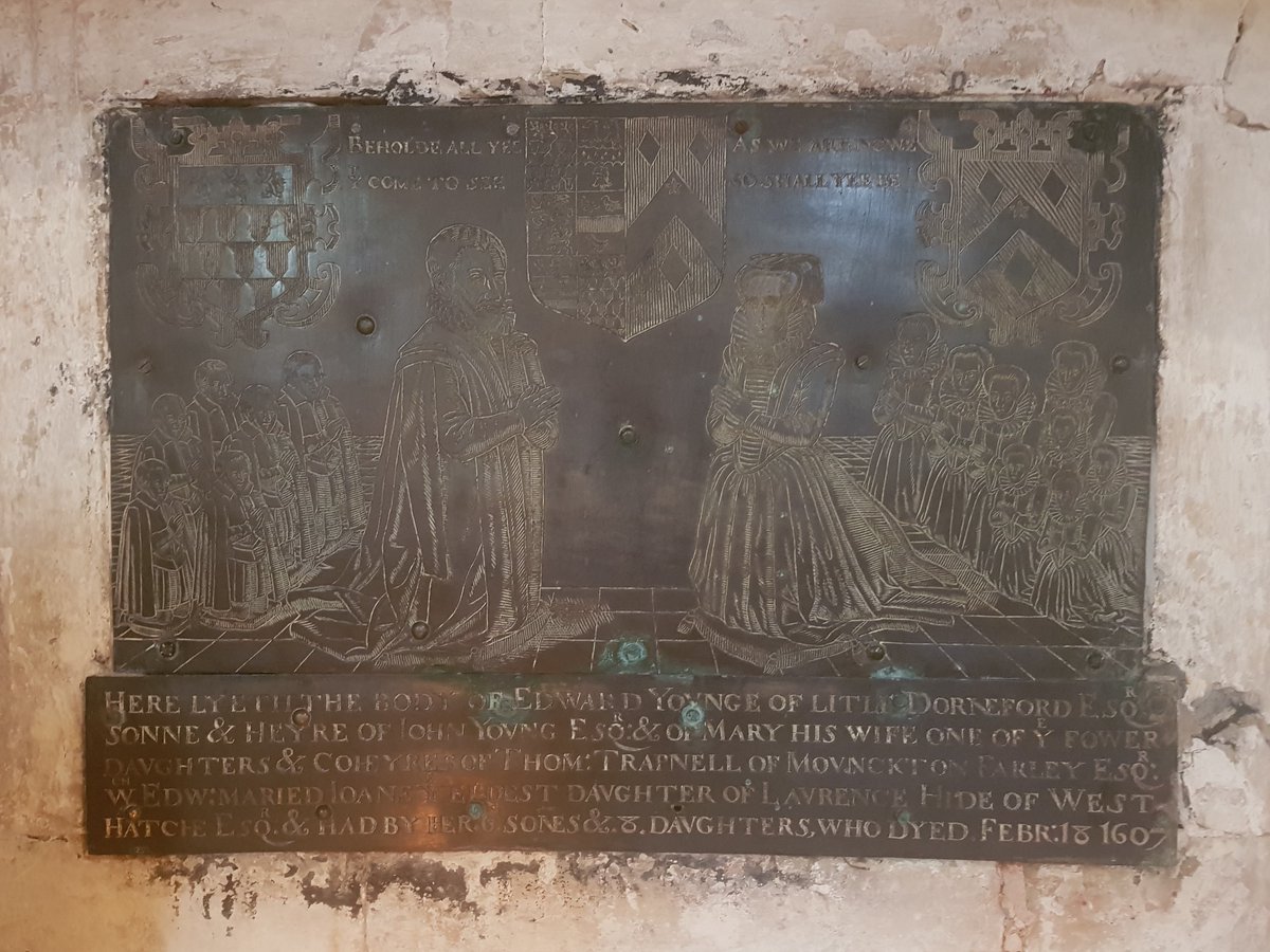 Highly stylized C17 brass memorial plaque set into a niche in the chancel of #StAndrewDurnford #MementoMoriMonday #MonumentMonday