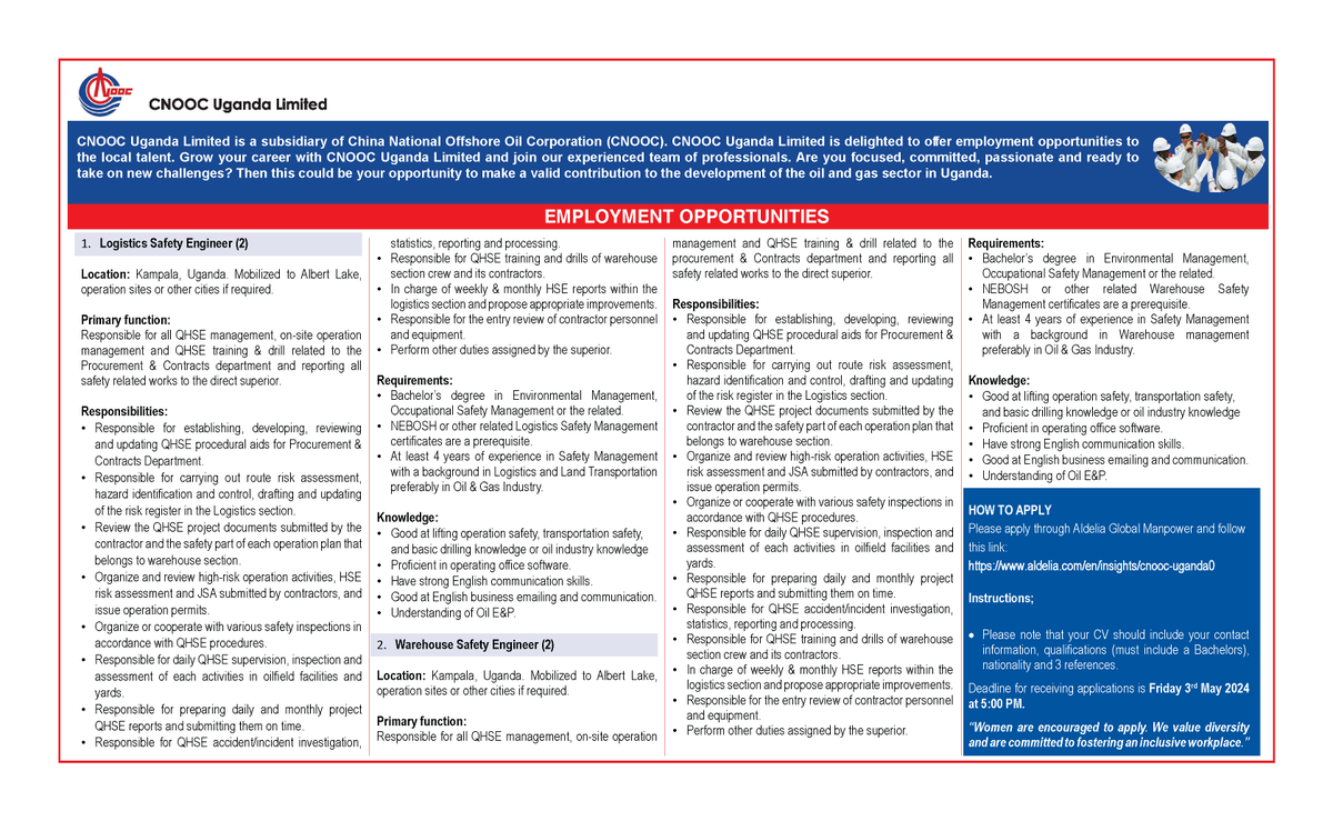 CNOOCUgandaLtd's tweet photo. JOBS @CNOOCUgandaLtd
1. Logistics Safety Engineer (2)
2. Warehouse Safety Engineer (2)
Apply through: https://t.co/hyMDMGsJ9m
The deadline for receiving applications is Friday 3rd May 2024 at 5:00 PM EAT. https://t.co/XwMZyf5LuK