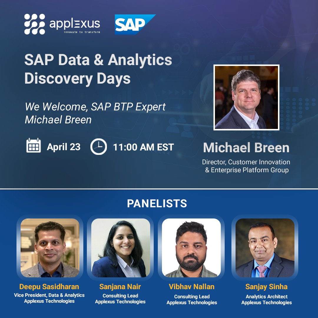 Applexus's tweet image. We are happy to have Michael Breen, SAP BTP expert and Director of the Customer Innovation and Enterprise Platform Group at SAP, join the panel for &apos;SAP Data and Analytics Discovery Days.&apos;

Register Now! events.sap.com/applexussimpli…

#SAPWorkshop #SAPDatasphere #PredictiveAnalytics