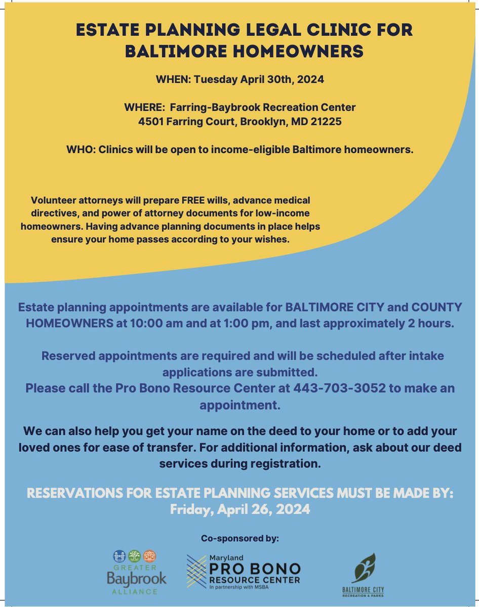 roarumb's tweet photo. @greaterbaybrook is hosting is hosting an Estate Planning Legal Clinic on Tues, 4/30/24  9:30 am-4 pm at the Ferring-Baybrook Recreation Center in collaboration with @ProBonoResearch for low-income homeowners in Baltimore City and County. Call 443-73-3052 to make reservation. https://t.co/6F0ZD3Mu8Q