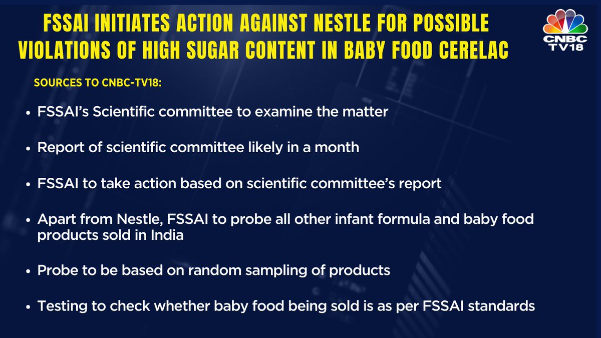 FSSAI initiates action against Nestle for possible violations of high sugar content in Baby food cerelac: Sources to CNBC TV18