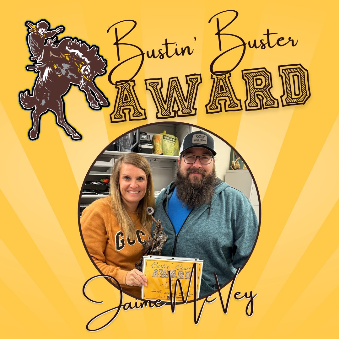 The next Bustin' Buster award is presented to Jaime McVey for embodying the Empowered Creativity & Academic Freedom value. Congratulations, Jaime!! 👏 It's a GREAT Day to be a BUSTER! #busterproud #fromhere #gccc #values #bustinbusteraward