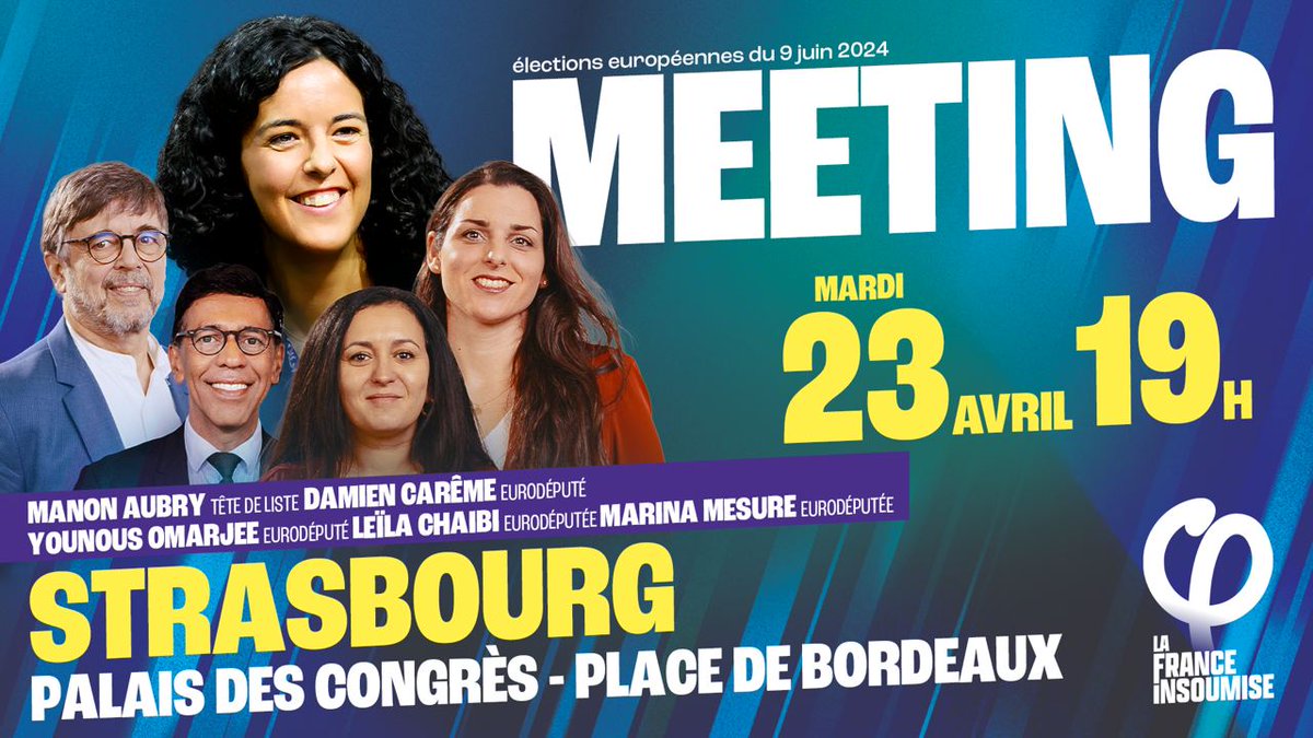 J-1 ! Je vous donne rendez-vous demain soir à 19h au Palais des Congrès de Strasbourg pour un meeting de l‘Union Populaire. Avec @leilachaibi , @MarinaMesure , @DamienCAREME , @younousomarjee et nos alliés européens, nous ferons le bilan de Macron en Europe !