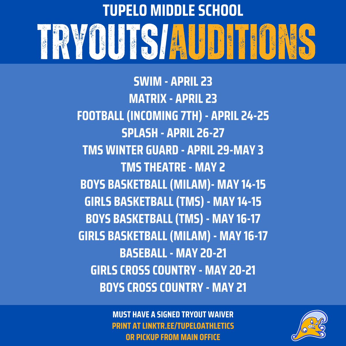 We have lots of tryouts/auditions coming up at TMS! Visit our website for more info. @MilamRipples tupeloschools.com/tupelo-middle-…