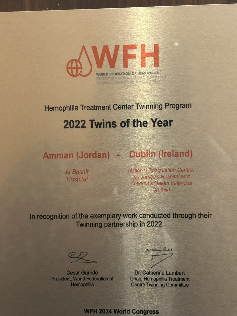 Congratulations to PCC @CHI_Ireland, NCC @stjamesdublin and Al Bashir hospital, Jordan for winning the 2022 HTC Twins of the year at the WFH Congress, Madrid @wfhemophilia. So proud of my wonderful colleagues!