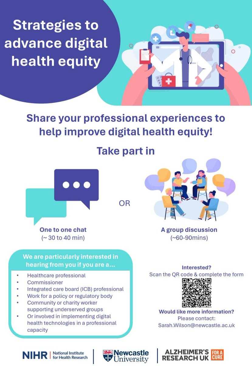 Do you implement digital health technologies? Or are you involved in a digital health inclusively project?

If so, come have a chat with me 🙂

As part of my PhD project, I'm exploring views on strategies to advance digital health equity &amp; the feasibility of implementing changes.