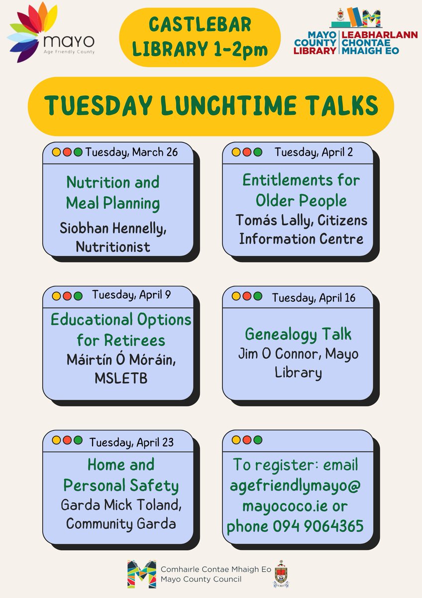 Join us in #Castlebar Library tomorrow at 1pm, for the final talk in our very successful @agefriendlymay1 lunchtime series of talks. Tomorrow's talk features Community Garda Mick Toland with advice on home and personal safety. Admission is free and all are welcome,