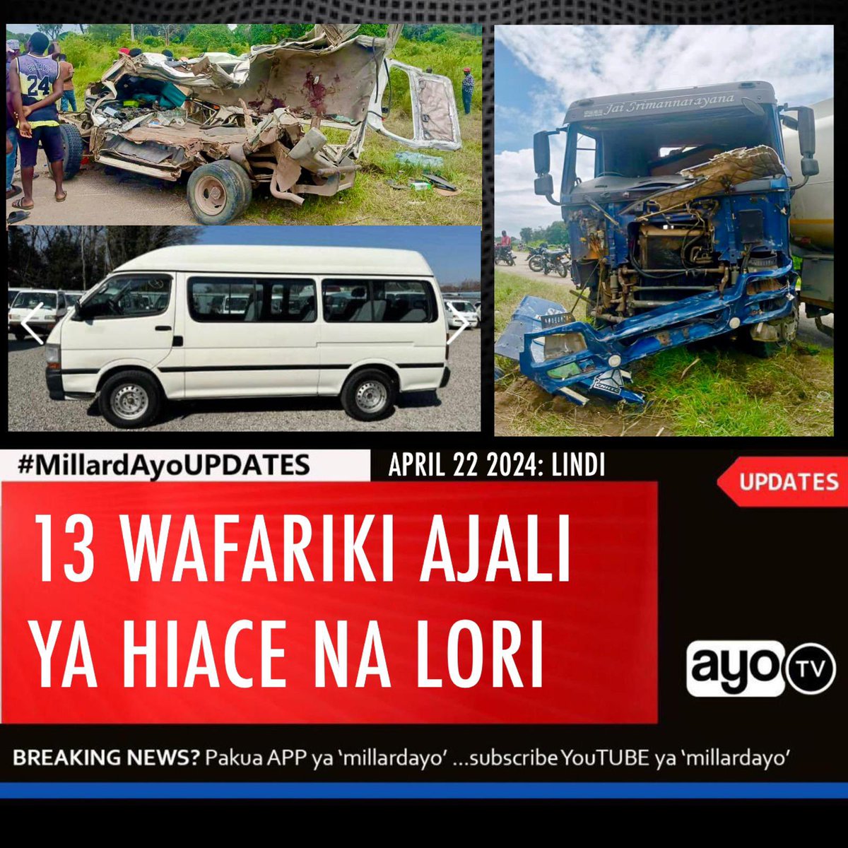 Watu 13 wamefariki dunia na wengine sita kujeruhiwa kufuatia ajali ya basi dogo la abiria aina ya Toyota Hiace lililokuwa likitokea Somanga kuelekea Kilwa Mkoani Lindi kugongana uso kwa uso na lori la mafuta leo April 22,2024 katika Kijiji cha Somanga. Kamanda wa Jeshi la Polisi