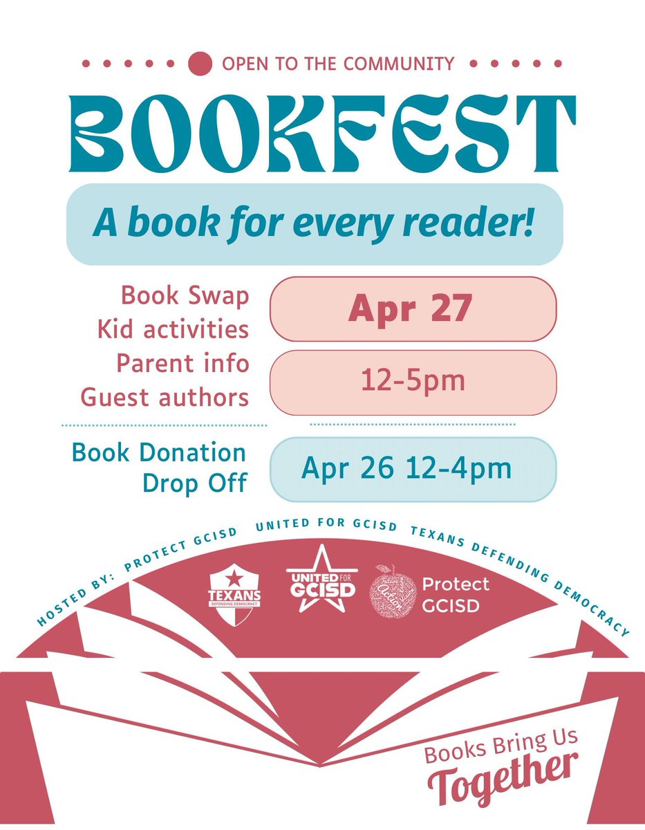 Happening at Grapevine Convention Center this Saturday is a #BOOKFEST! I'm donating a whole bunch of books for the swap. 
Hosted by #ProtectGCISD #UnitedForGCISD #TexansDefendingDemocracy.
#FreedomToRead #FReadom #FightBookBans #booksforeveryone