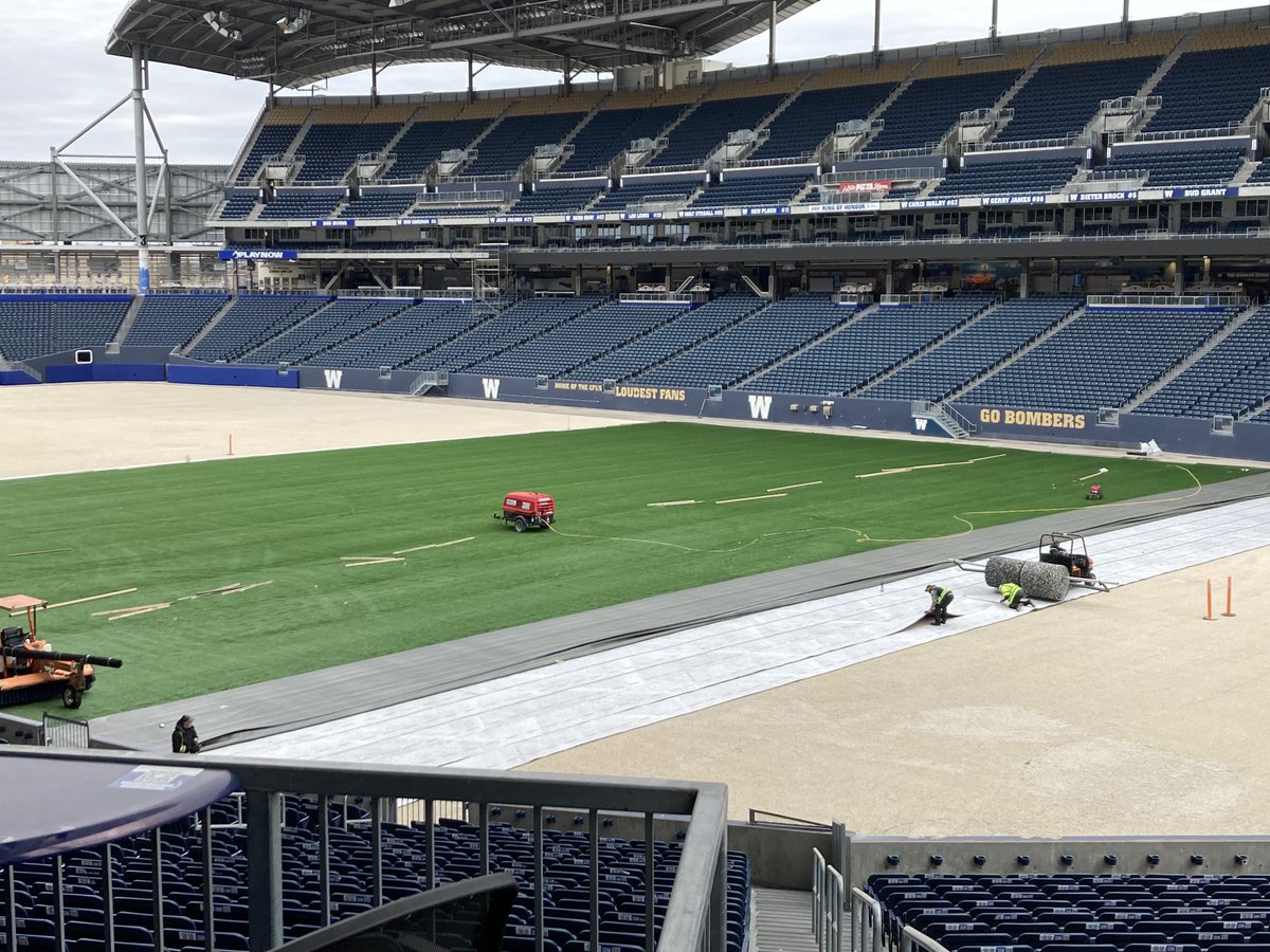 Looking good in the neighbourhood. New turf going in at Princess Auto Stadium ⁦@Wpg_BlueBombers⁩