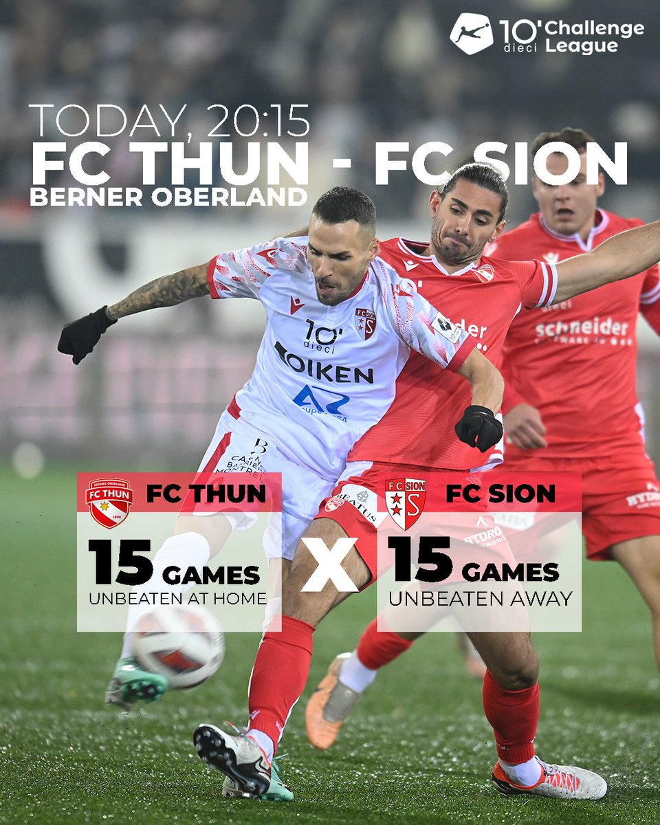 🔴 Are you ready for the top match of the dieci Challenge League? Tonight, second-placed fcthun_official face league leaders FCSion at the Stockhorn Arena. Can Sion take a big step towards promotion or will Thun stay on their heels? #dcl #diecichallengeleague #sfl
