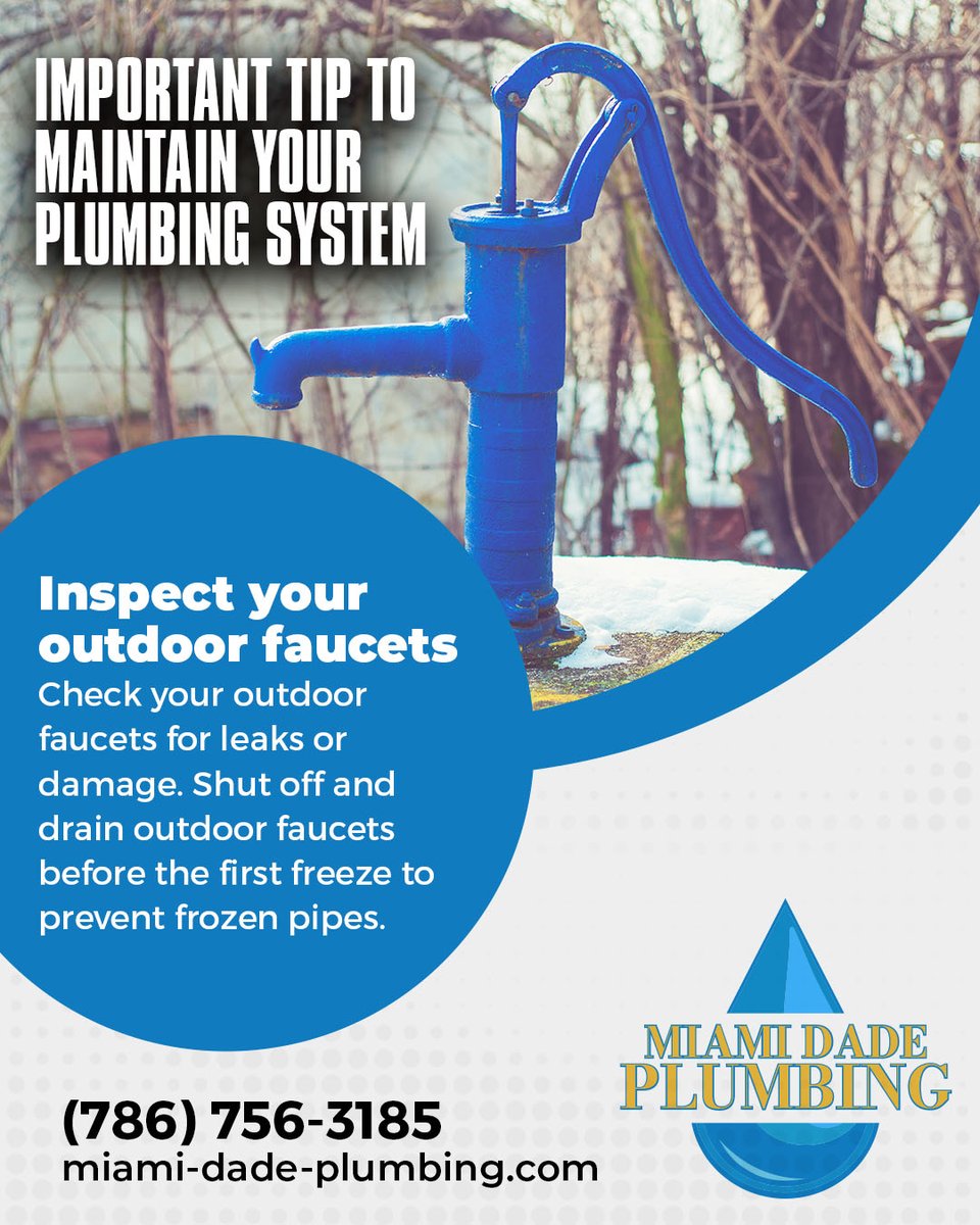 Protect your home from costly damage this winter by checking your outdoor faucets for leaks or damage. Take the necessary steps to shut off and drain your outdoor faucets before the first freeze hits.

Give us a call today!

#miamidadeplumbing #leakdetection #damage #pipes