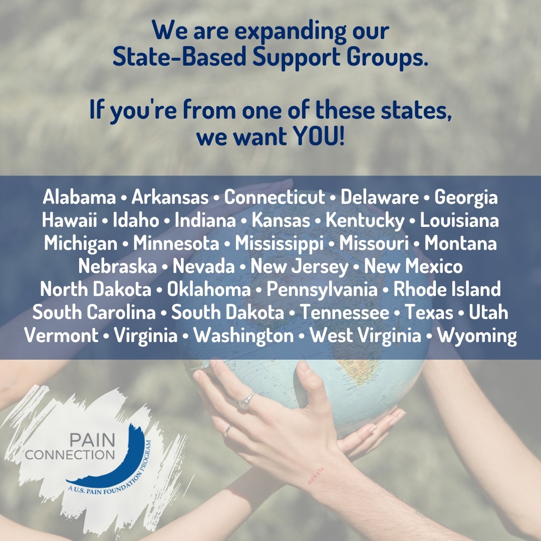 We are expanding our State-Based Support Groups. If you're from one of the states listed in the image, we want YOU! 🌎

Want to help create a supportive community for those with chronic pain in your state? Apply now: painconnection.org/support-group-…

#PeerSupport #ChronicPain #Volunteer