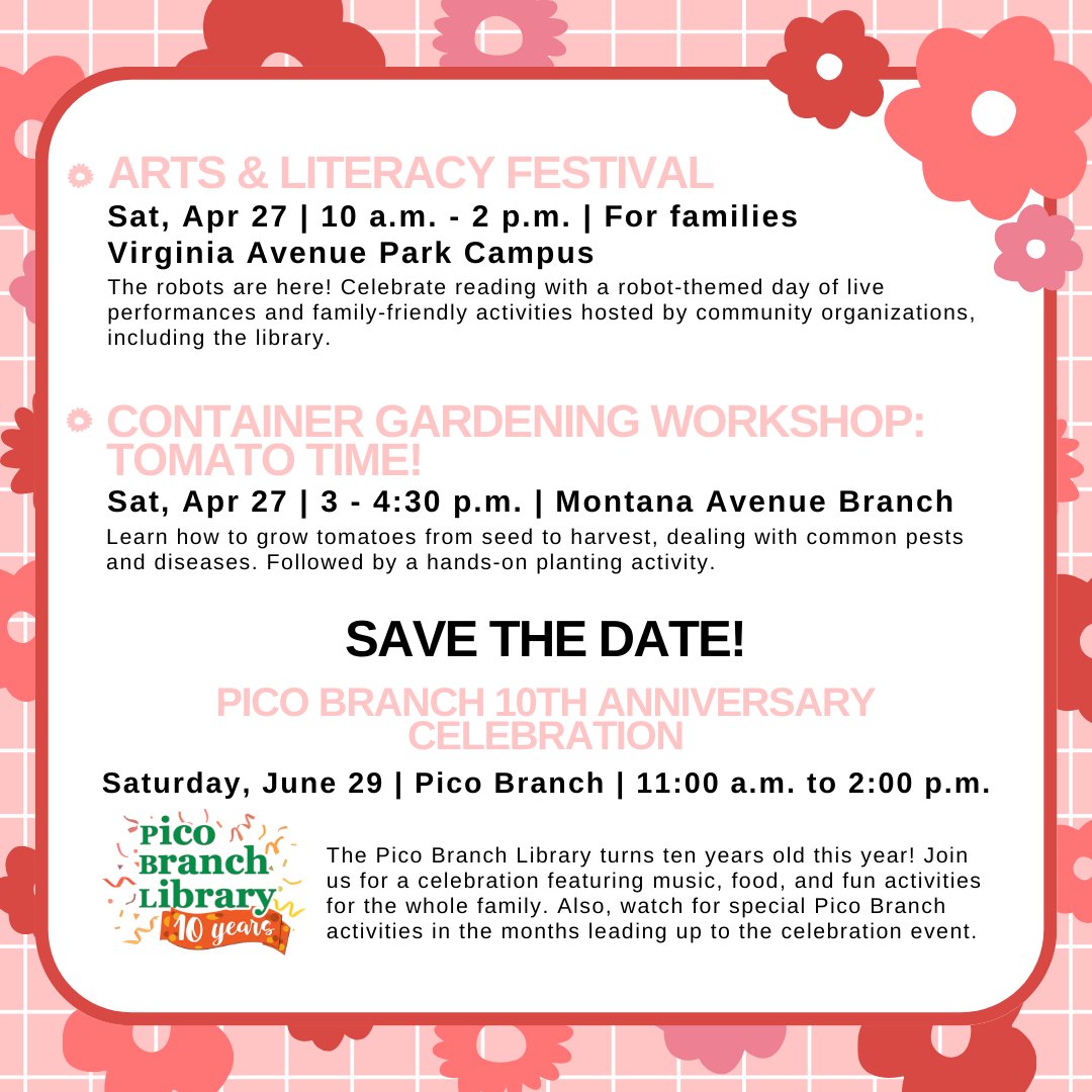 This Week at the Library, attend a gardening workshop, a book tasting or celebrate at the Arts & Literacy Festival 😀

For more April fun visit ow.ly/gBFO50RiuBR

#SMPL #SMPublicLibrary #SantaMonicaPublicLibrary #PoetryMonth #ArabAmericanHeritageMonth
