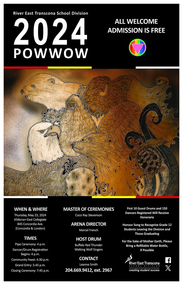 We hope to see you at the 2024 Powwow taking place at <a href="/kec_RETSD/">Kildonan-East Collegiate</a> on May 23! This exciting RETSD event is open to all and admission is FREE. For a screen-reader-accessible PDF, visit: bit.ly/3vP8J0R #ManitobaPowwow #2024Powwow