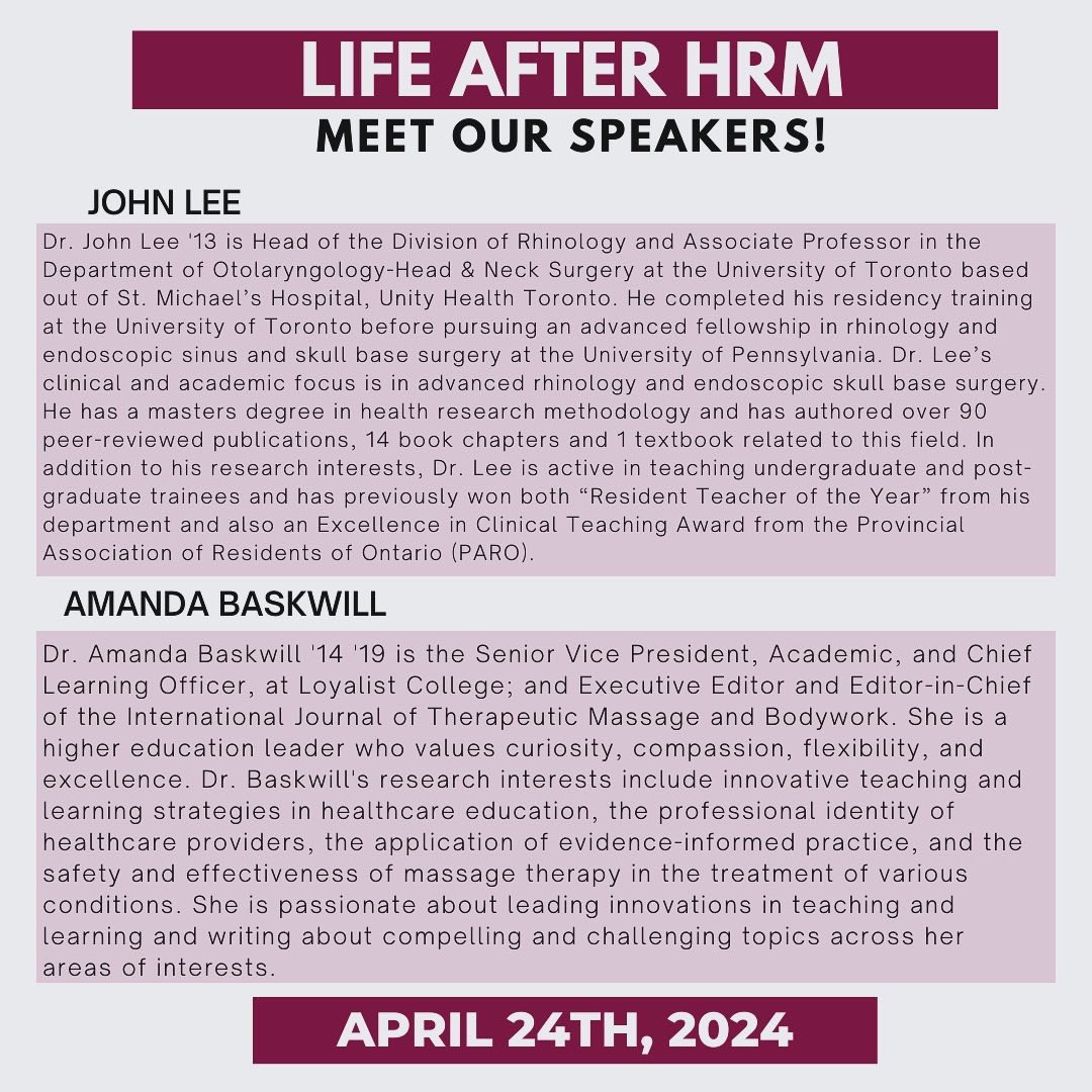 Looking to pursue an academic or clinical career post-HRM? 👀

Meet our Life After HRM Academic/Clinical Panelists on April 24th at 12pm! 

‼️Register here: linktr.ee/HRMSA