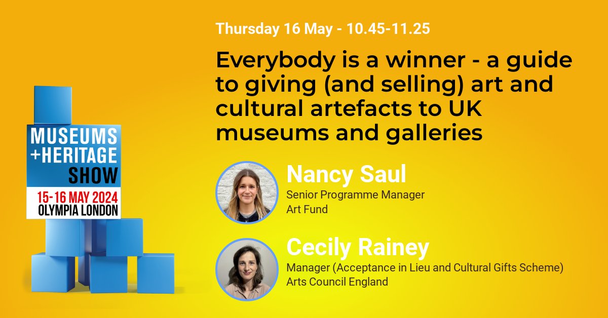 Don't miss Nancy Saul @artfund and Cecily Rainey @ace_national at the #MandHShow. 'Everbody is a winner - a guide to giving (and selling) art and cultural artefacts to UK Museums and Galleries' will be in Theatre 1 at 10:45am. 

Book your free pass here: museumsandheritage24.smartreg.co.uk/Visitors/Visit…