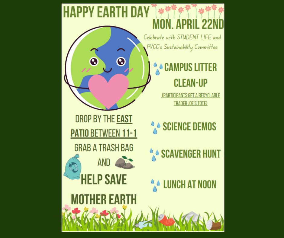 Happy Earth Day, everyone! 🌎 PVCC Student Life and the Sustainability Committee will host a campus litter clean-up party, 11 a.m.-1 p.m., with a scavenger hunt, science demos and lunch at noon. Participants will get a reusable tote. 🌿 💚 #EarthDay #pvcc