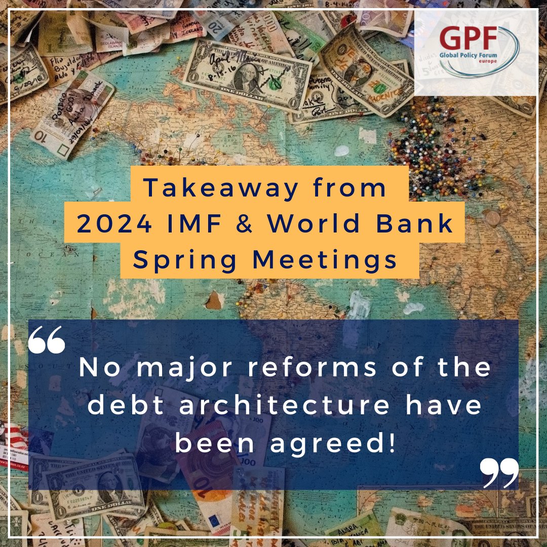 Our takeaway from @IMFNews & @WorldBank #SpringMeetings2024 (1)

Many at the #SpringMeetings acknowledged that rising #debt levels became a key  problem, but no major reforms of the debt architecture have been  agreed.

#IFA #Fin4Dev #DebtRelief