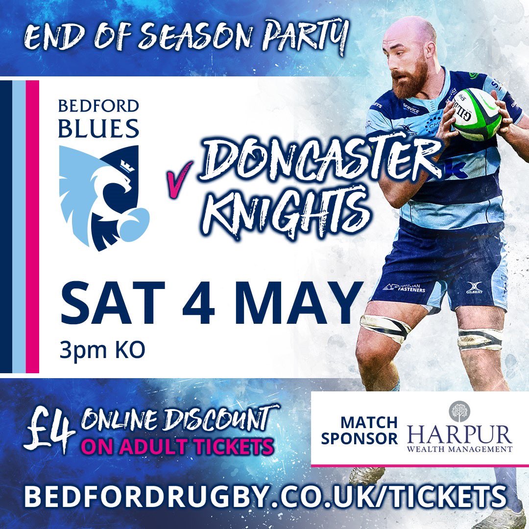 🔵 FINAL BLUES HOME GAME ⚔️ 🤩 It’ll be 4th vs 5th when @DoncasterKnight ride into town on Saturday 4th May 👌 🎫➡️ bit.ly/BluesTicket1 Stick around afterwards for post match celebrations with the squad in the CMC Marquee ➕ live music & more! #BluesFamily #BedfordisBlue