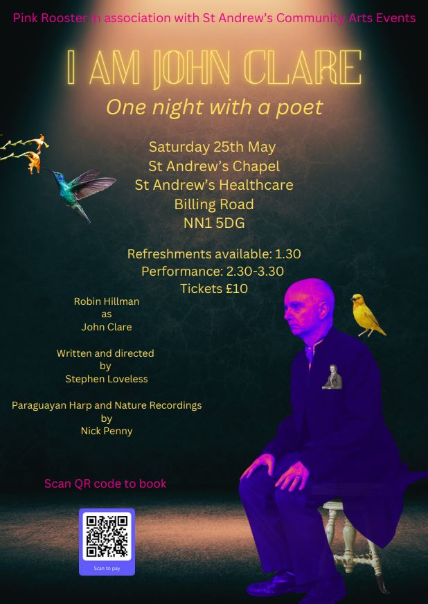 An exciting performance, taking place in the beautiful Chapel on the grounds of our Northampton hospital. This is set to be a powerful event featuring the works of poet John Clare. Tickets are £10, or free to the people in our care and their escorting staff. #WeAreSTAH