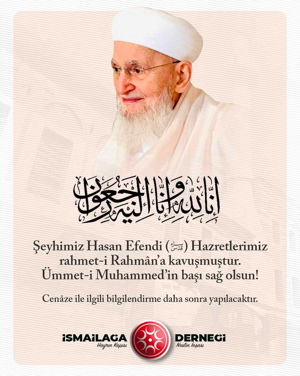 Şeyhimiz Hasan Efendi Hazretlerimiz (Kuddise Sirruhû) rahmet-i Rahmân'a kavuşmuştur. Ümmet-i Muhammed'in başı sağ olsun!