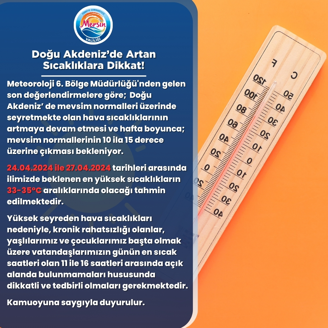 📢Meteorolojik Değerlendirme Doğu Akdeniz’de Artan Sıcaklıklara Dikkat!☀️ 🗓️ 22.04.2024 Yüksek seyreden hava sıcaklıkları nedeniyle, kronik rahatsızlığı olanlar, yaşlılarımız ve çocuklarımız başta olmak üzere vatandaşlarımızın günün en sıcak saatleri olan 11 ile 16 saatleri…