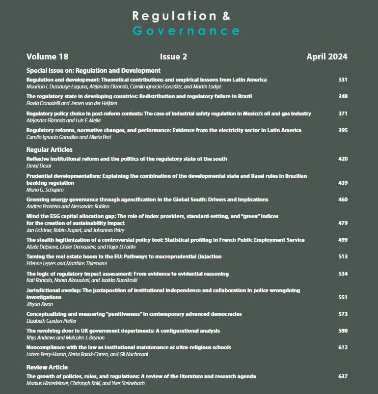 A new issue of Regulation & Governance is now available online! Check it out: bit.ly/4aBw6KA #RegGov @WileyPolitics @maudussauge @fladonadelli @ale_elizondoc @CamiloIGonzalez @DevalSDesai @ARubino_It @fichtner_jan @HajarElFatihi4 @etienne_lepers @_kwonjh
