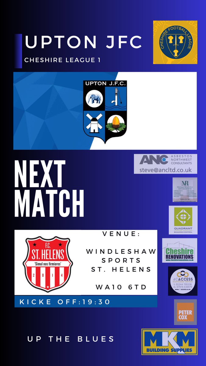 🔵⚫️⚪️ Upton JFC Blues 🆚 @fcsthelens Reserves ⚽️ @CheshireFL 🏟️ WA10 6TD 📅 23/04/2024 ⏰ 19:30 Back on the road again as we take on familiar faces in the league. Any support is always appreciated 👍🏻