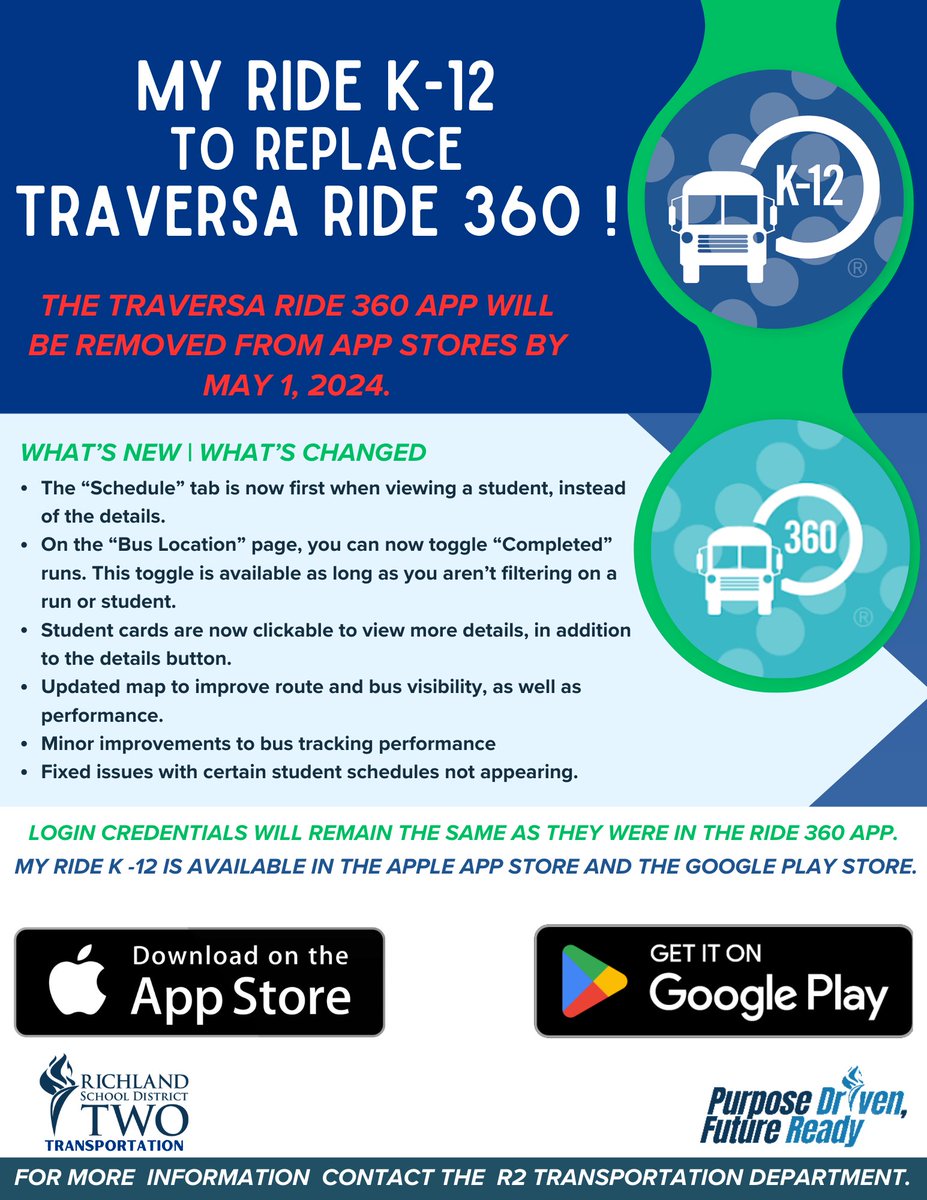 📱NEW BUS APP COMING MAY 1ST!🚍 🔻Download the My Ride K12 App today. 🚨The Traversa Ride 360 App will be removed from App stores by MAY 1ST! Keep your login credentials from the Ride 360 App to access!