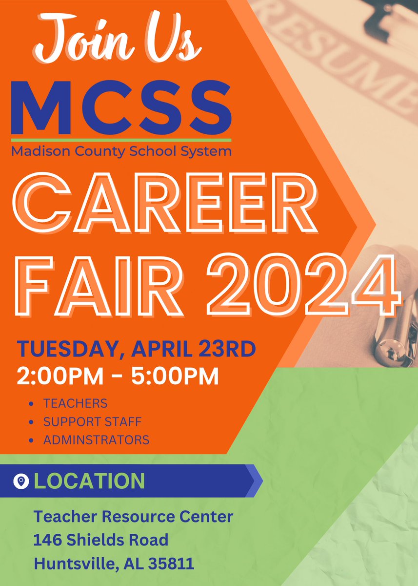 Come be a part of the MCSS Family at our 2024 Career Fair tomorrow! Join us at our Teacher Resource Center located at 146 Shields Road for an exciting opportunity. From 2 to 5, we eagerly await one-on-one discussions with prospective teachers, support staff, and administrators.