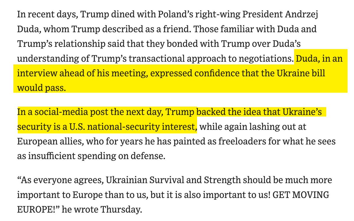 Trump strategized with Lindsey Graham and other GOP Senators to pass Ukraine funding, the Wall Street Journal reports, which led to the adoption of Trump's fake 'loan' proposal in the final legislation. 'Payback is contingent on defeating Russia.' Per Graham, Trump looks forward