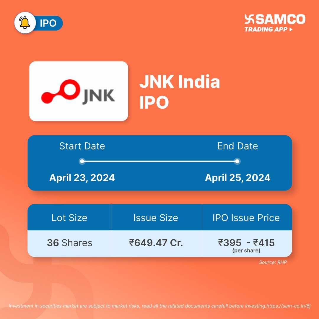 New IPO Alert 🔔

JNK India Limited IPO (JNK India IPO) will open on April 23rd 2024.

To know more, click 👉🏼 bit.ly/4aPwG7B

#IPO #IPOAlert #JNKIndiaLimitedIPO #JNKIndiaIPO